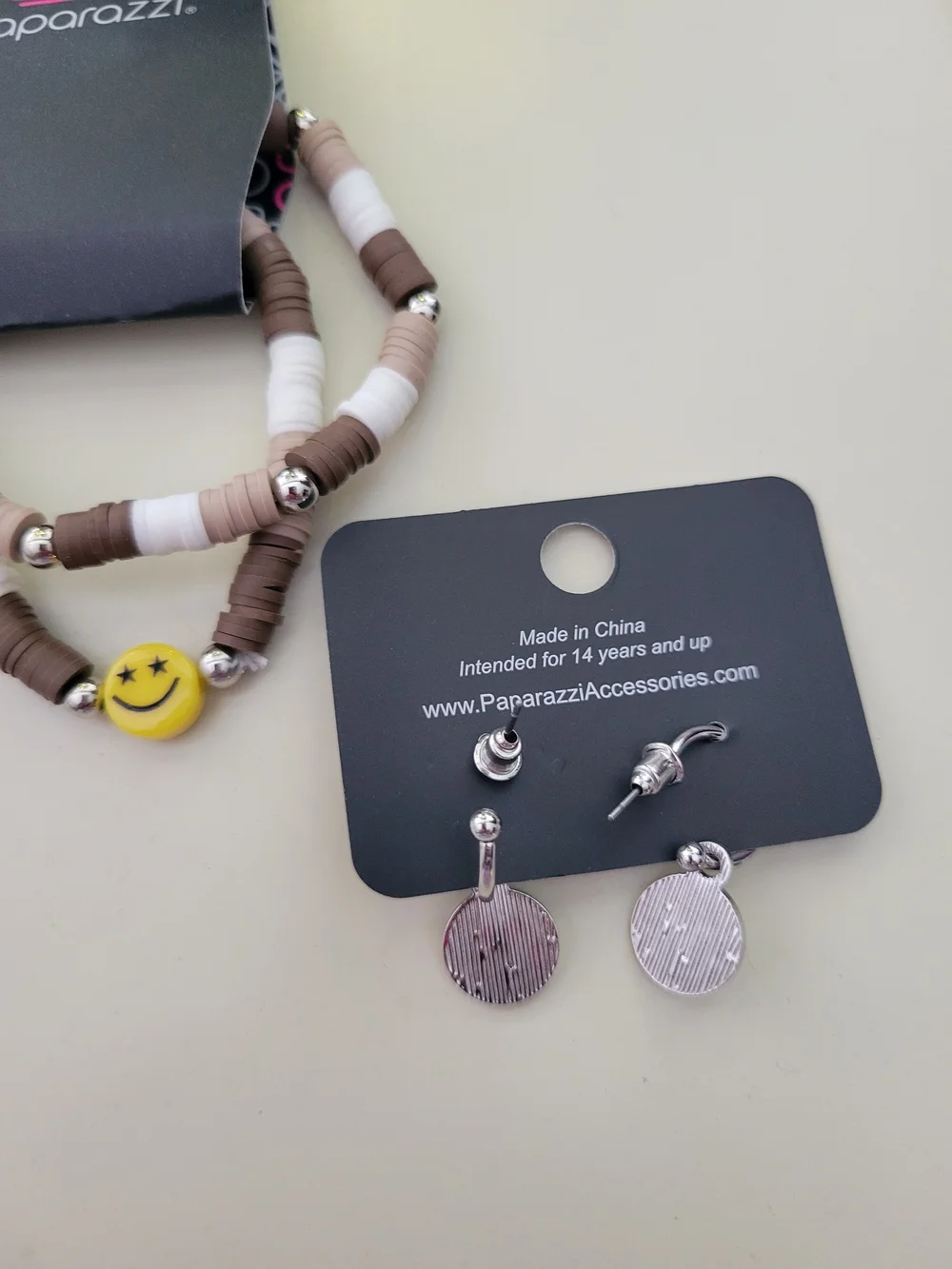 Paparazzi Brown & White Smiley Bead Bracelet and Earring Set